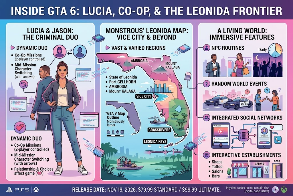 GTA 6: Lucia Details, Co-Op Features, and the “Monstrous” Leonida Map