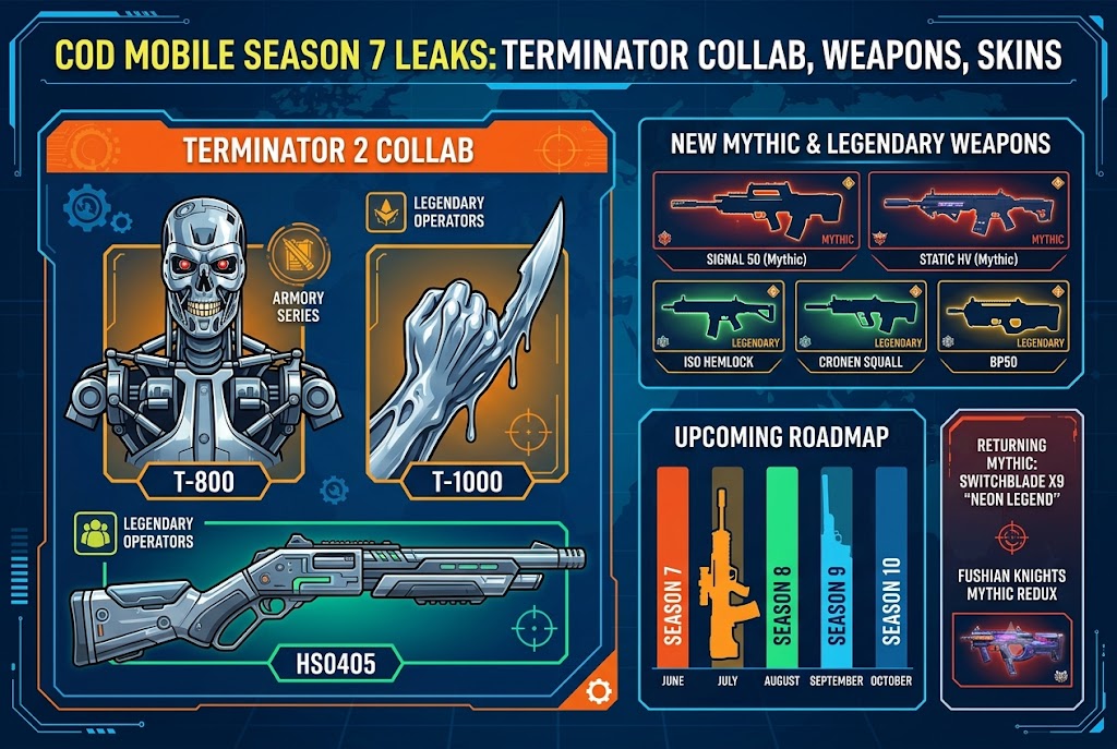 CoD Mobile Season 7 Leaks: Terminator Collab, Mythic Weapons, & Skins Revealed