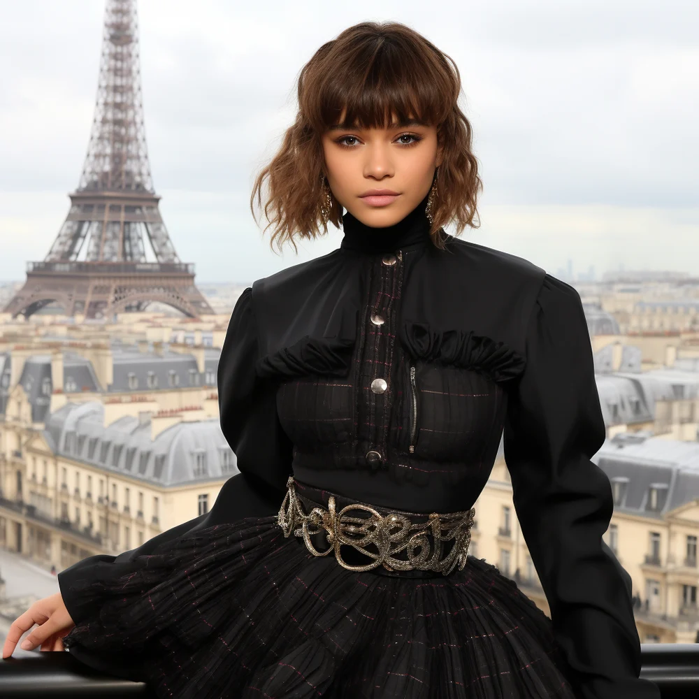 Zendaya Debuts Short Bangs as She Vamps It Up in Dramatic Black Skirt at Paris Fashion Week