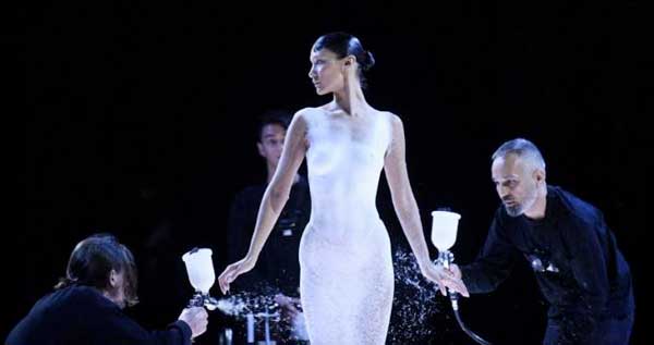 Bella Hadid Wore a Nude Spray Dress in Paris Fashion Week!
