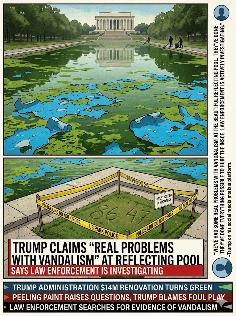trump claims reflecting pool was vandalized and says law enforcement is investigating