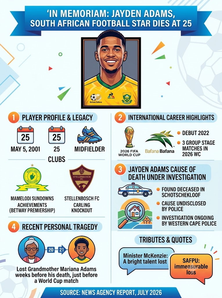 South Africa World Cup Star Jayden Adams Dies at 25: Cause of Death Investigation Ongoing