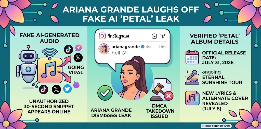 Ariana Grande shuts down a viral AI-generated song leak for her upcoming album 'Petal' with a hilarious two-word Instagram response. Here are the verified facts regarding the July 31 release.