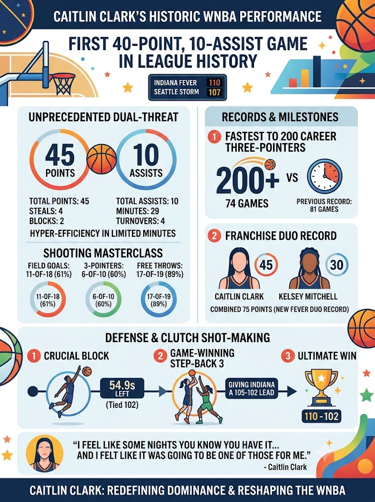 Caitlin Clark’s 45-Point Masterpiece: The First 40-10 Game in WNBA History