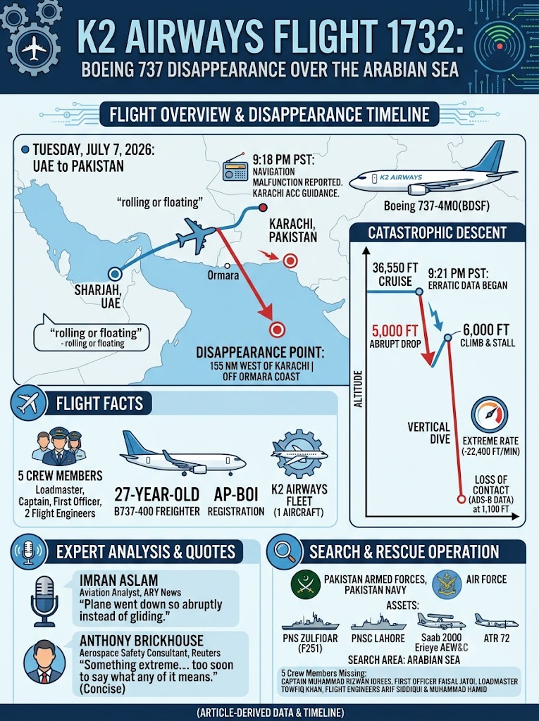 K2 Airways Boeing 737 Missing Over Arabian Sea: Flight 1732 Timeline & Data