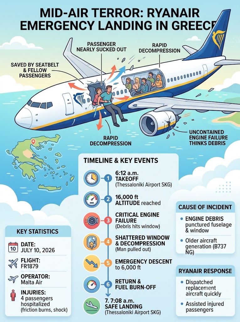 Mid-Air Terror: Ryanair Flight Makes Emergency Landing in Greece After Shattered Window