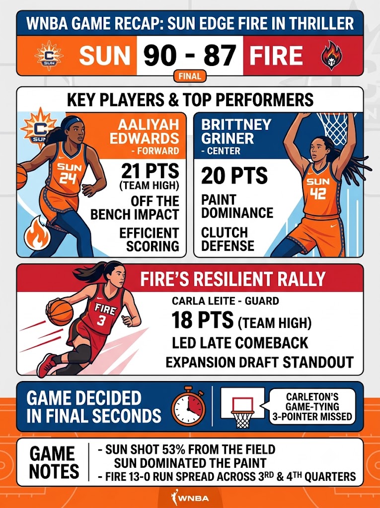 Sun Edge Fire 90-87: Edwards & Griner Dominate