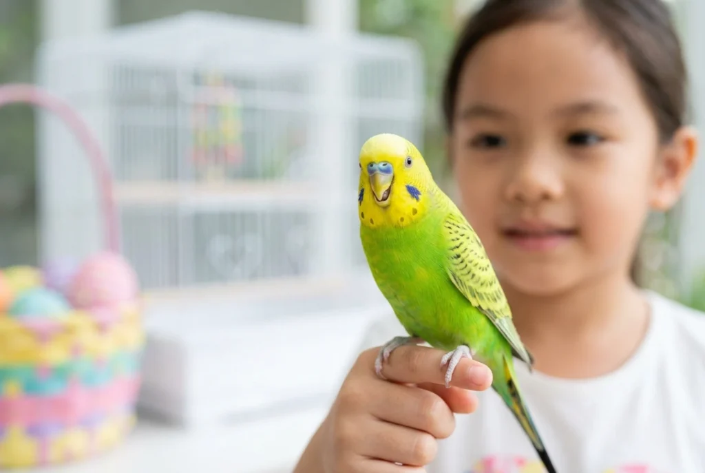 A cheerful close-up of a bright green and yellow parakeet happily perched on a girl's finger, showcasing the 'social' and 'interactive' nature of the bird.