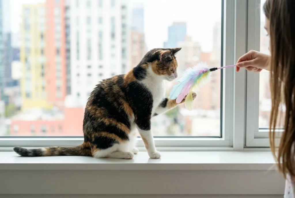 A sleek calico kitten plays with a pastel toy on a modern, sunlit windowsill in an apartment, visually representing 'apartment living' and 'independent spirits.