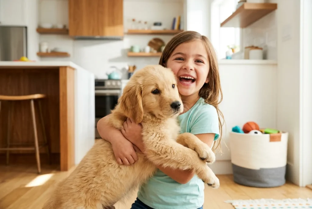 a young girl embracing a golden retriever puppy in a bright, sunlit family kitchen, emphasizing the 'active lifestyle' and 'family' focus.