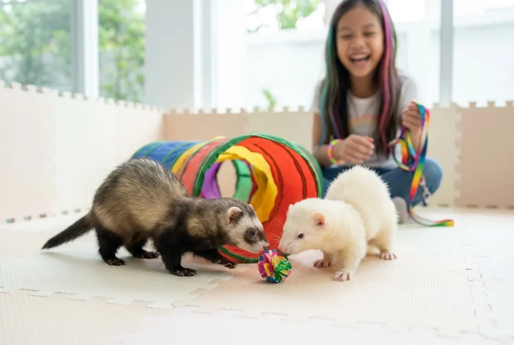 An action photograph captures two playful ferrets chasing each other through a colorful tunnel, indicating 'active' pets for 'dedicated owners.'