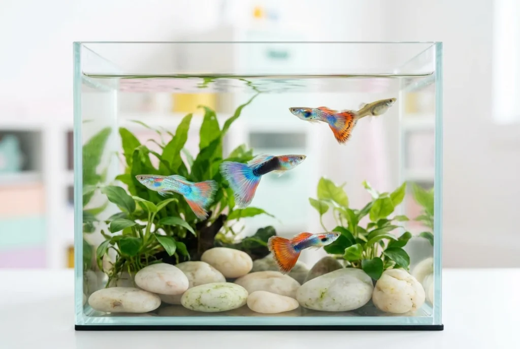 A tranquil, minimalist close-up focuses on colorful Guppies swimming in a pristine aquascape within a small glass tank, emphasizing a 'calming,' 'low-commitment' pet.