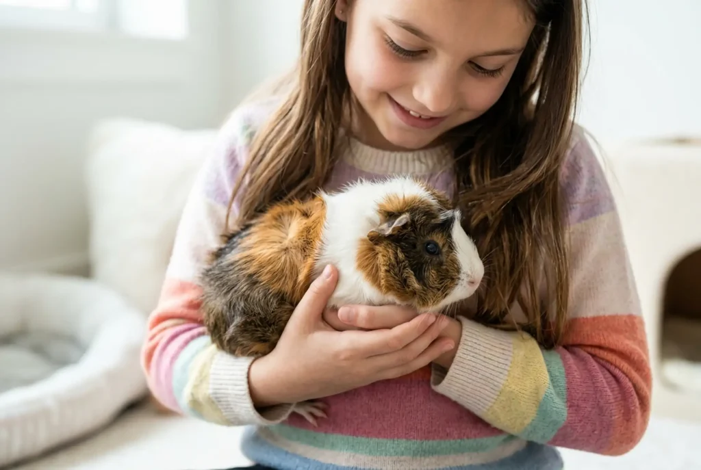 A gentle close-up photograph of a girl's hands softly cradling a fluffy Abyssinian guinea pig, focusing on 'social' interaction and 'gentle handling.'