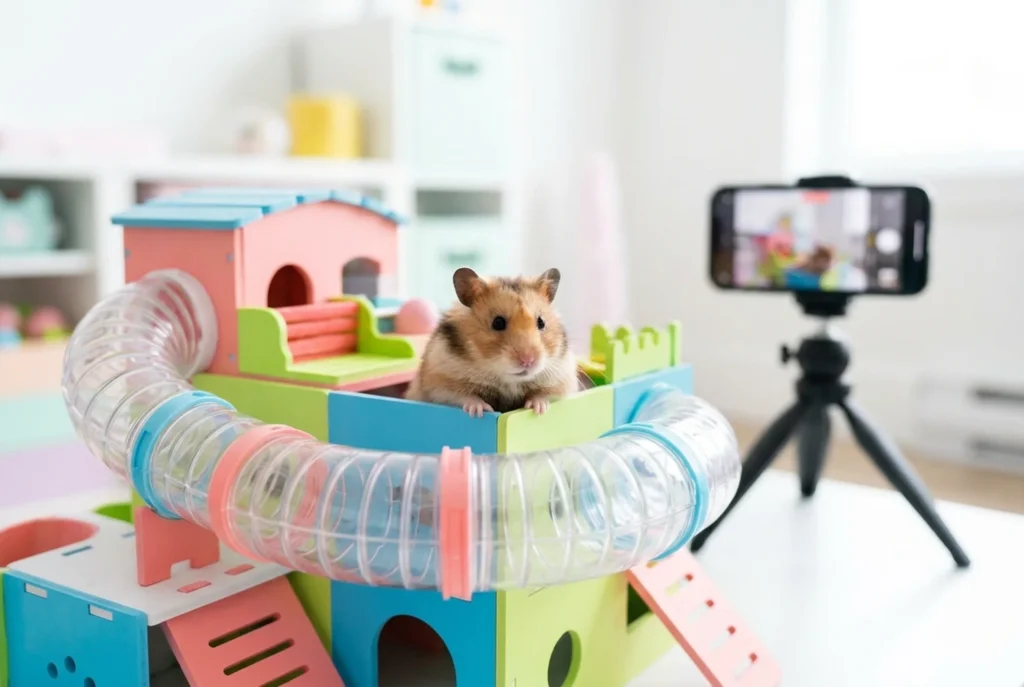 A vibrant, creative close-up shows a Syrian hamster peeking out of a colorful, multi-level modular habitat, positioned near a smartphone on a tripod to signify 'TikTok appeal' and digital curation.