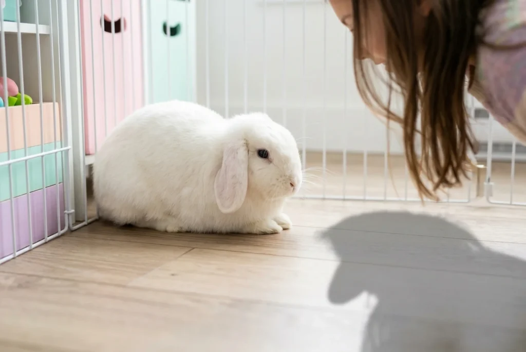A peaceful image of a floppy-eared Holland Lop rabbit resting in a clean, minimalist indoor enclosure, with a girl's shadow nearby to imply 'bonding' in a 'quiet' environment.