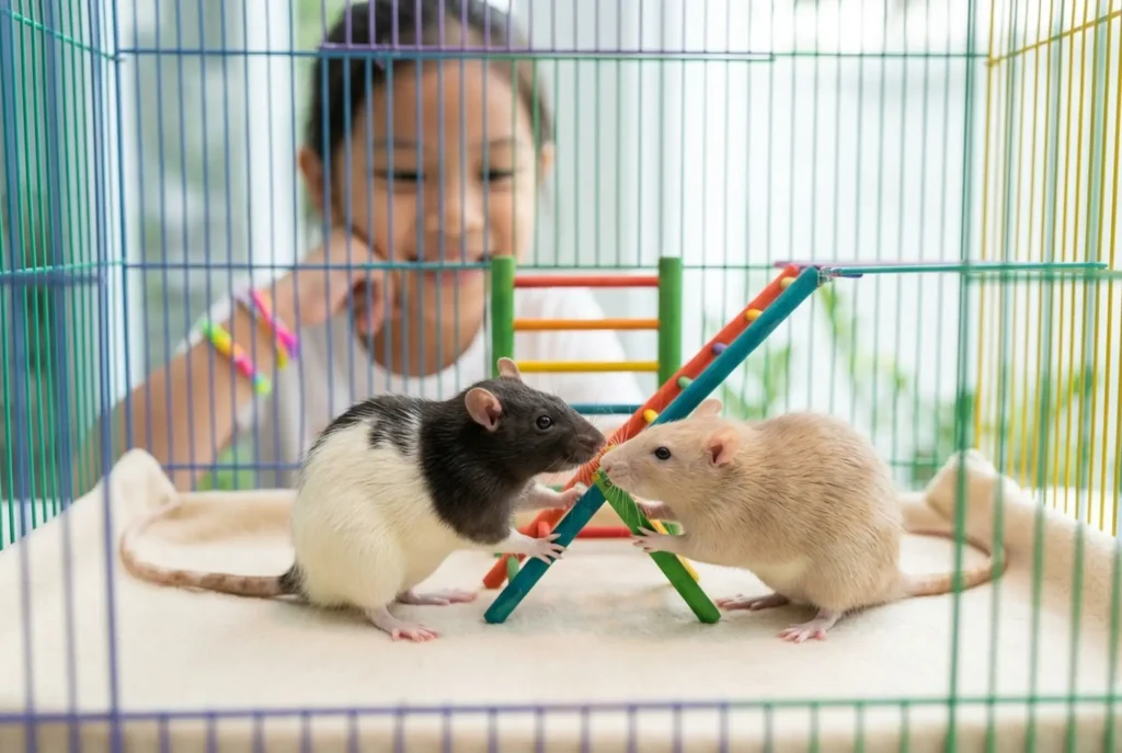 A bright close-up captures two fancy rats playing together within a clean, colorful, modern apartment cage, highlighting 'social pets' for 'apartment dwellers.'
