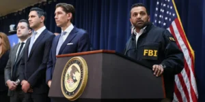 FBI Director Kash Patel leads news conference to announce arrests tied to illegal sports betting and poker game schemes, in New York City on October 23, 2025.