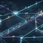 Abstract digital network visualizing data flow and financial transactions, with subtle sports motifs, dark futuristic theme, no text.