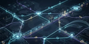 Abstract digital network visualizing data flow and financial transactions, with subtle sports motifs, dark futuristic theme, no text.