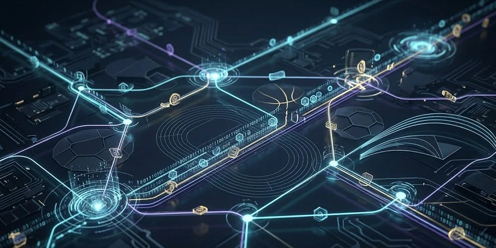 Abstract digital network visualizing data flow and financial transactions, with subtle sports motifs, dark futuristic theme, no text.