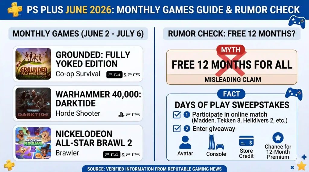 Discover the massive PlayStation Plus June 2026 lineup featuring Xbox's Grounded and Warhammer 40k: Darktide. Plus, we expose the truth behind the 12-month free PS Plus giveaway rumors.