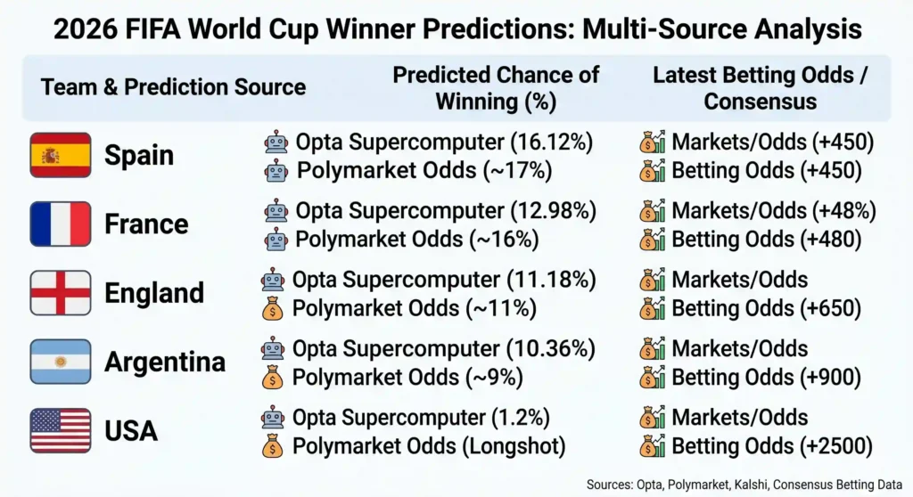 2026 FIFA World Cup Winner Predictions. side-by-side comparison of the top 5 contenders (Spain, France, England, Argentina, USA). the Opta AI Supercomputer predictions, Polymarket implied probabilities, and the consensus betting odds.