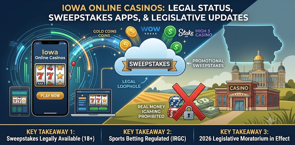 A complete breakdown of Iowa's online casino landscape in 2026. Discover the legal status of iGaming, top sweepstakes apps, and offshore platforms.