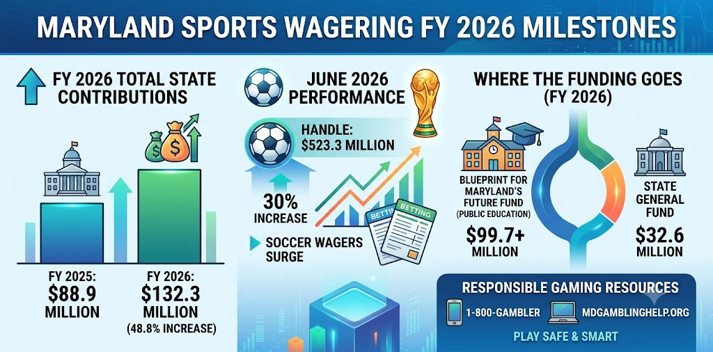 Maryland Sports Wagers Climb 48.8% in FY 2026