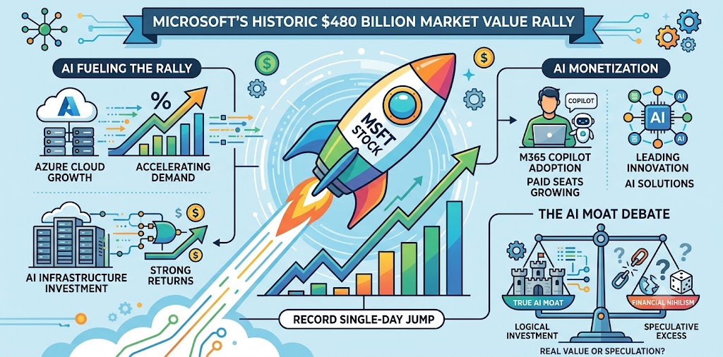 Microsoft's stock logs its biggest single-day jump since 2008, adding $450 billion in market value as 43% Azure growth proves the AI moat. Is the market returning to fundamentals or entering financial nihilism?