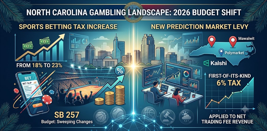 North Carolina’s newly unveiled 2026 budget raises the state’s online sports betting tax to 23% and introduces a first-of-its-kind 6% levy on prediction market platforms, radically altering the local gambling landscape.