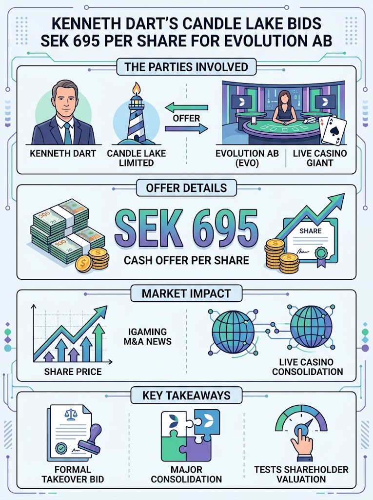 Kenneth Dart’s Candle Lake Bids SEK 695 Per Share for Live Casino Giant Evolution AB