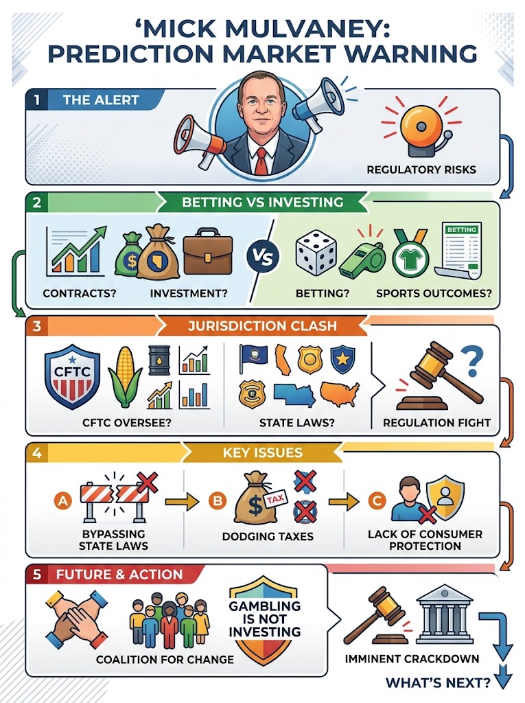 Mick Mulvaney’s 'Gambling Is Not Investing' coalition is fighting against prediction markets that use federal loopholes to offer unregulated sports betting. Learn how platforms bypassing state gambling laws threaten local tax revenues, undermine tribal gaming compacts, and strip away crucial consumer protections.